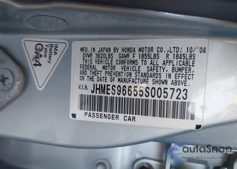 2005 Honda Civic Hybrid from USA, damaged, VIN JHMES96655S005723